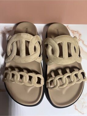 Hermes La Maison Beige Suede Chain-Link Slide Sandals